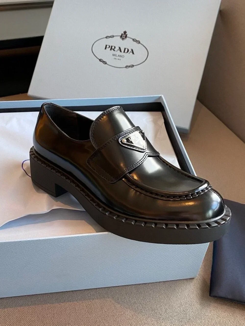 ✨ Prada Black Brushed Leather Triangle Logo Platform Loafers